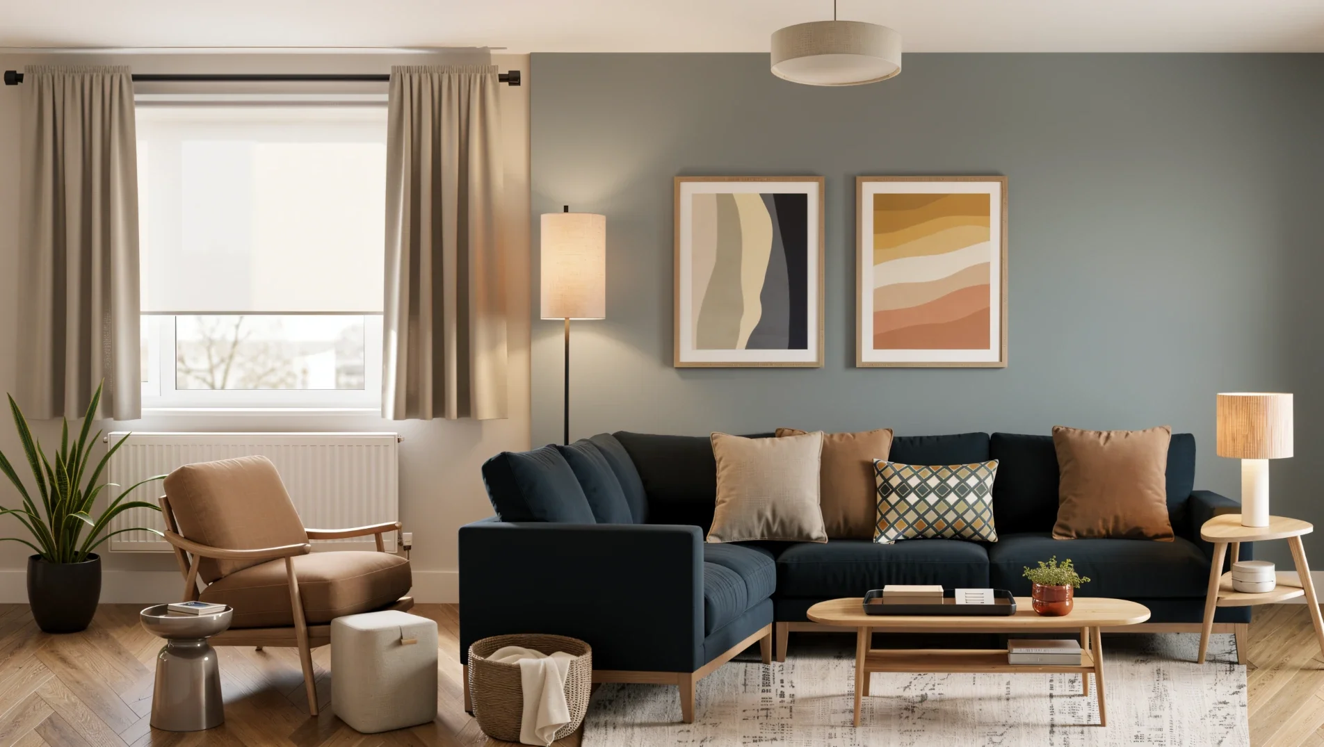 Cosy Scandinavian living room with navy sectional sofa, natural oak furniture, neutral curtains and soft lighting.