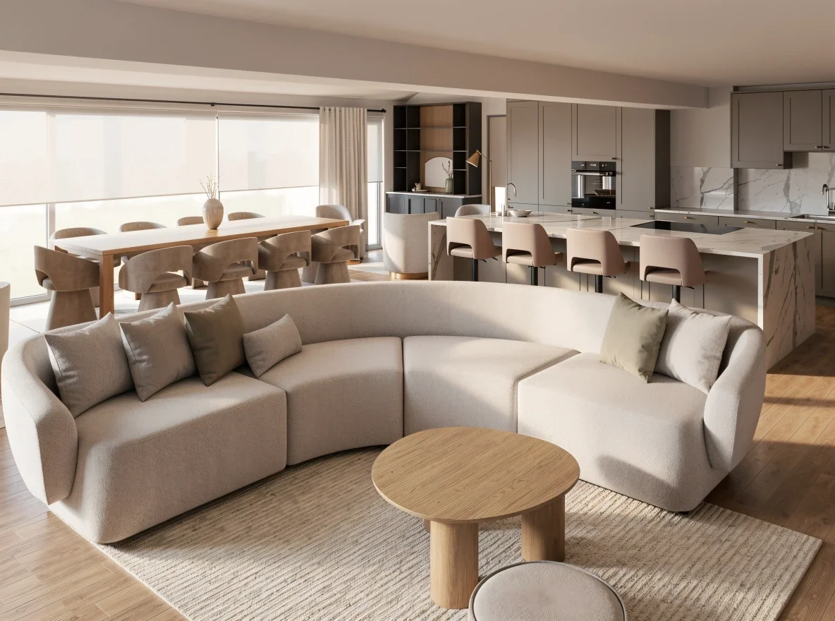 Contemporary open-plan living room with curved cream sectional, neutral kitchen and pale oak dining area