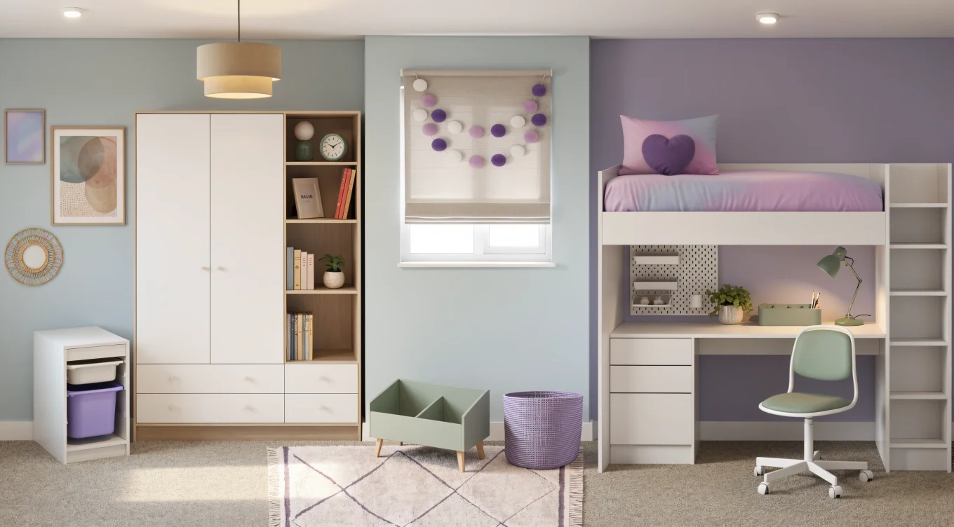 Pastel girls room with blue and lilac walls, mint accents and homework space