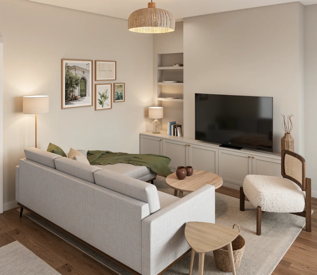 Soft Scandinavian living room with cream sofa