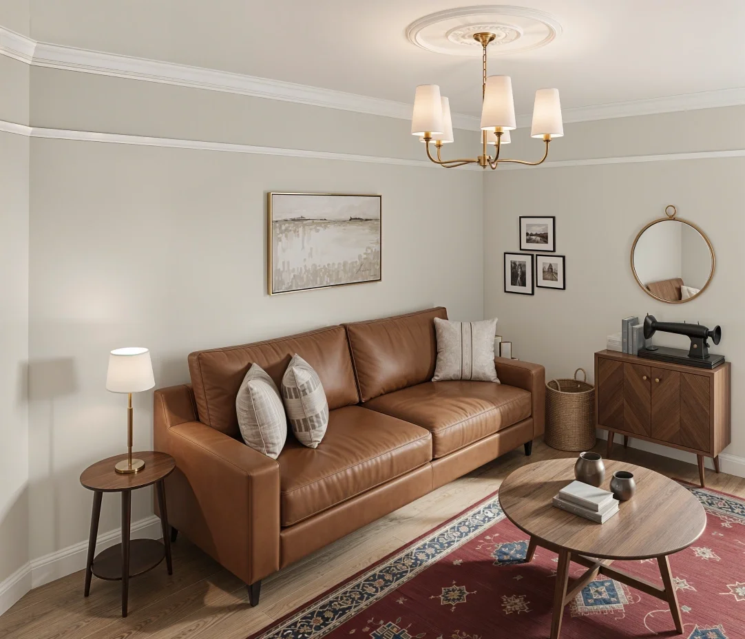 Heritage-inspired living room with tan leather sofa and traditional detailing