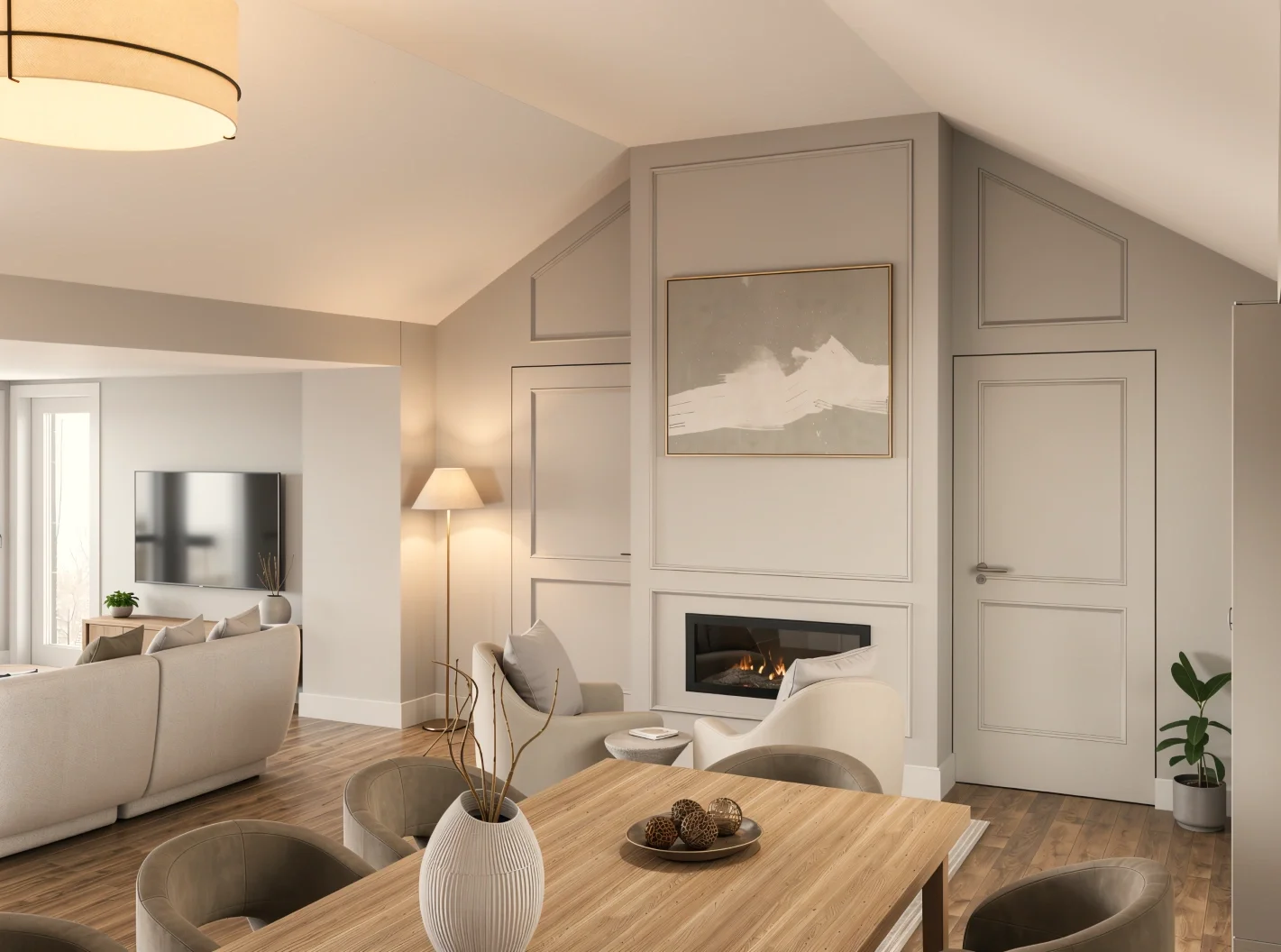 Warm neutral open-plan living and dining room with panelled fireplace and sculptural seating