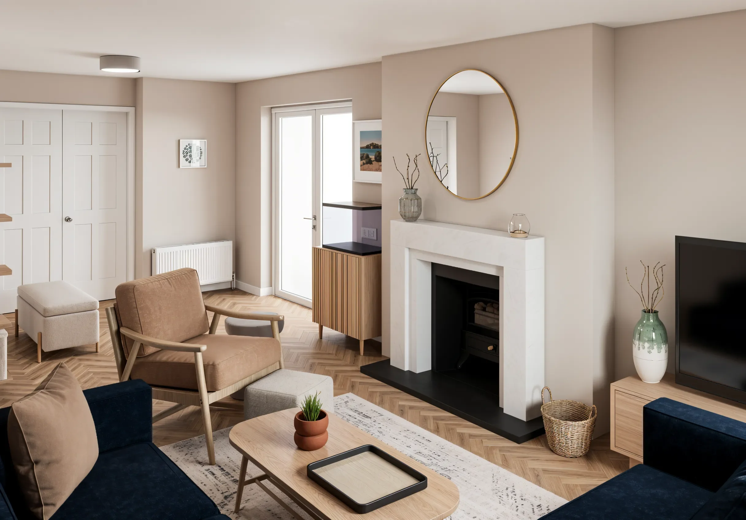 Bright living room with white fireplace, oak flooring, navy sofa and natural wood furniture.