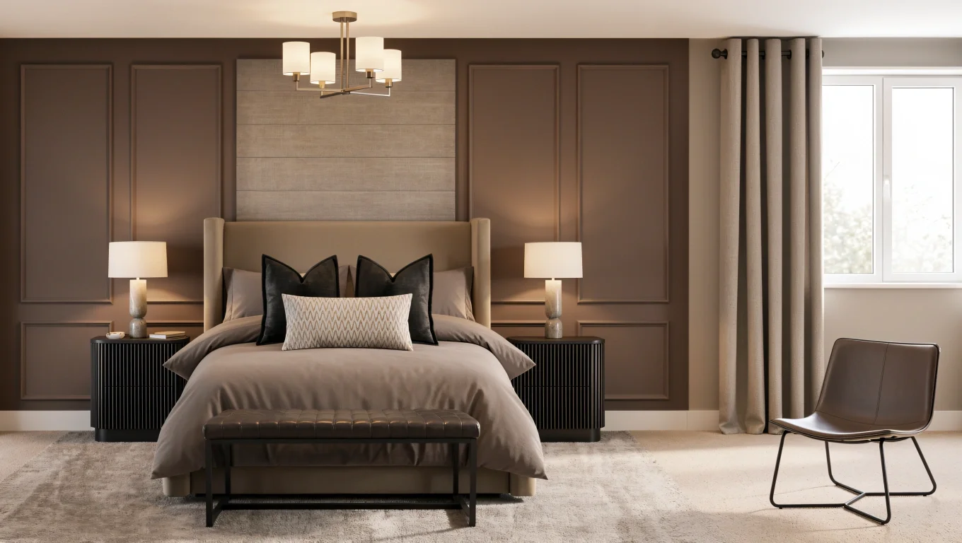Taupe bedroom with panelled walls