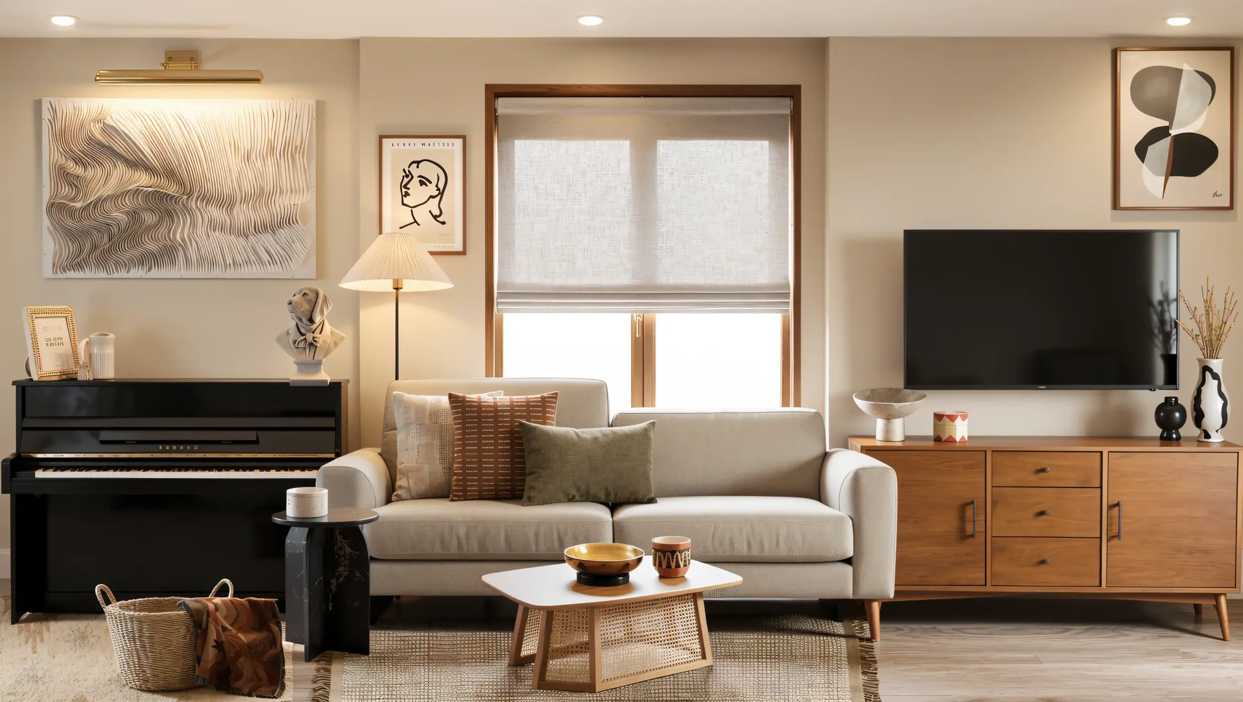 Eclectic mid-century living room featuring a neutral sofa, black piano, warm oak furniture, sculptural artwork and layered natural textures.