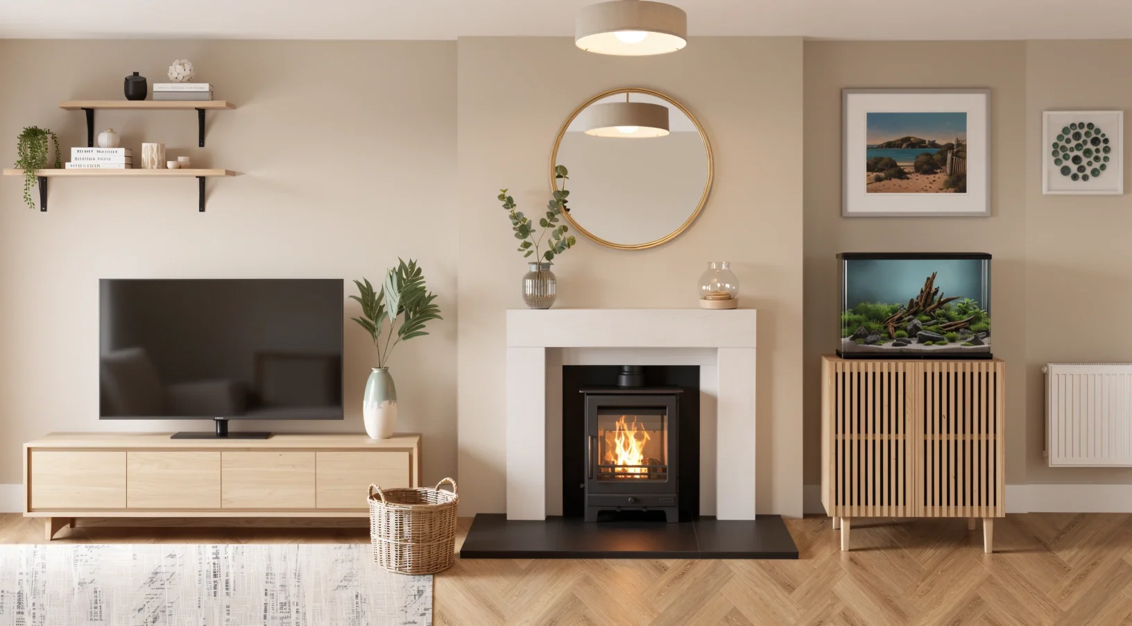 Contemporary living room featuring oak TV unit, white fireplace, round mirror and warm neutral accessories.