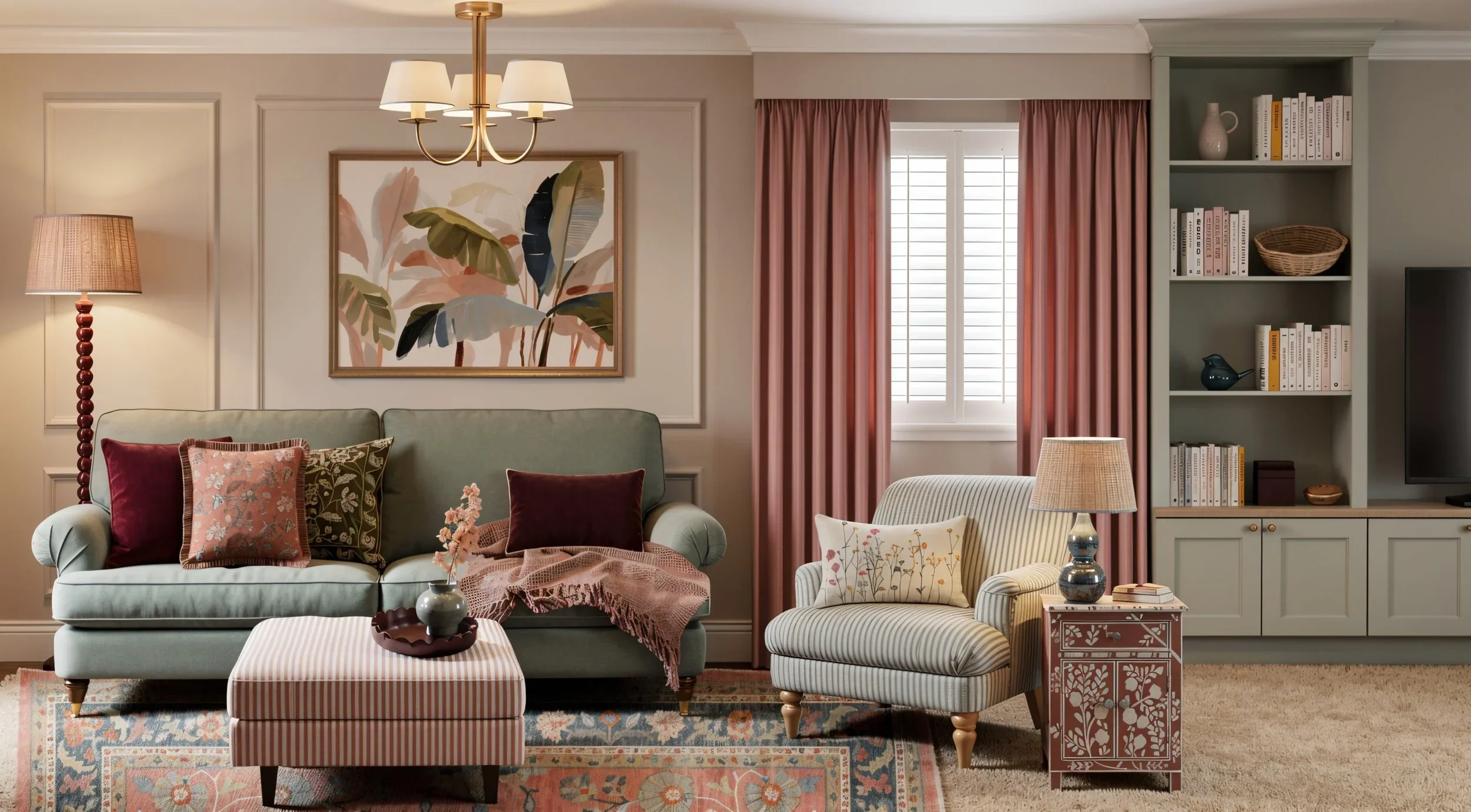 Eclectic living room with sage green sofa, blush curtains, patterned rug and layered artwork.