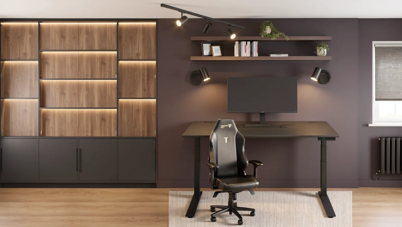 Dark modern home office with black desk