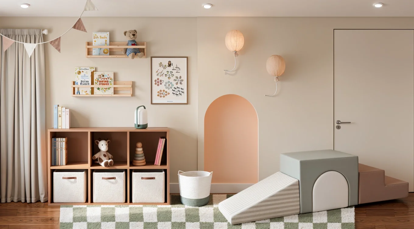 Neutral kids playroom with soft green accents, activity zone, toy storage and craft table