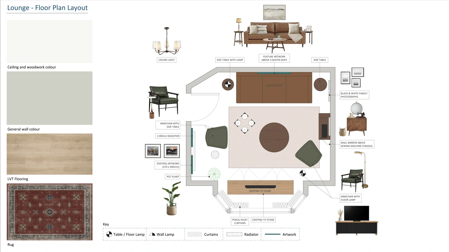 Warm transitional living room layout