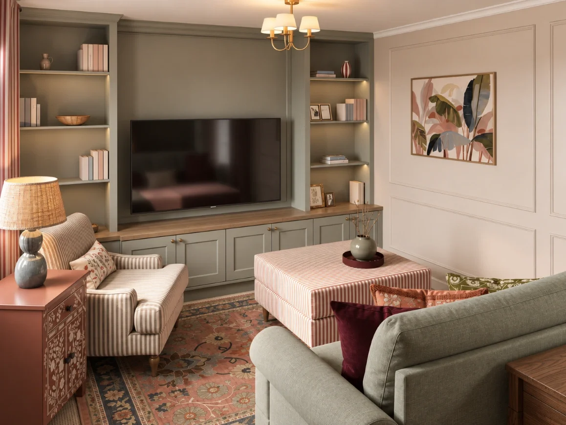 Sage built-in living room design with striped armchair, patterned rug and traditional wall panelling