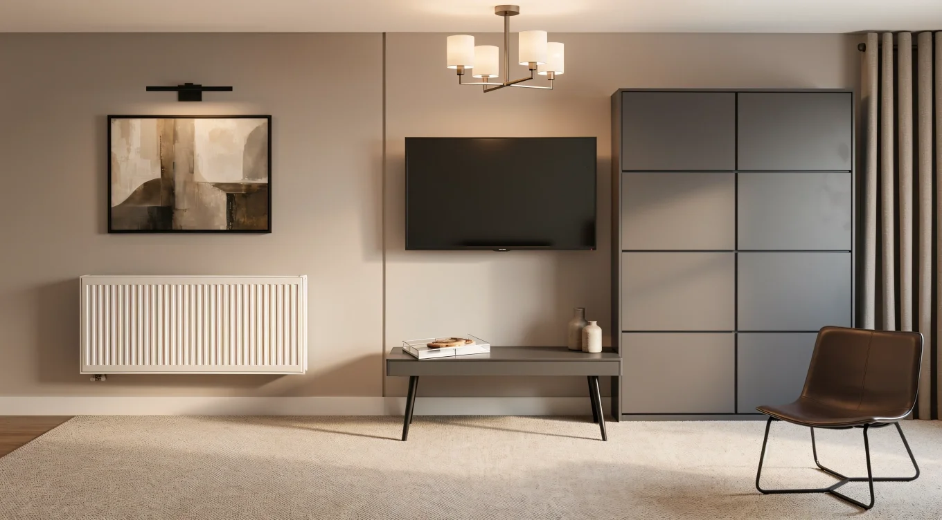 Taupe bedroom with abstract art
