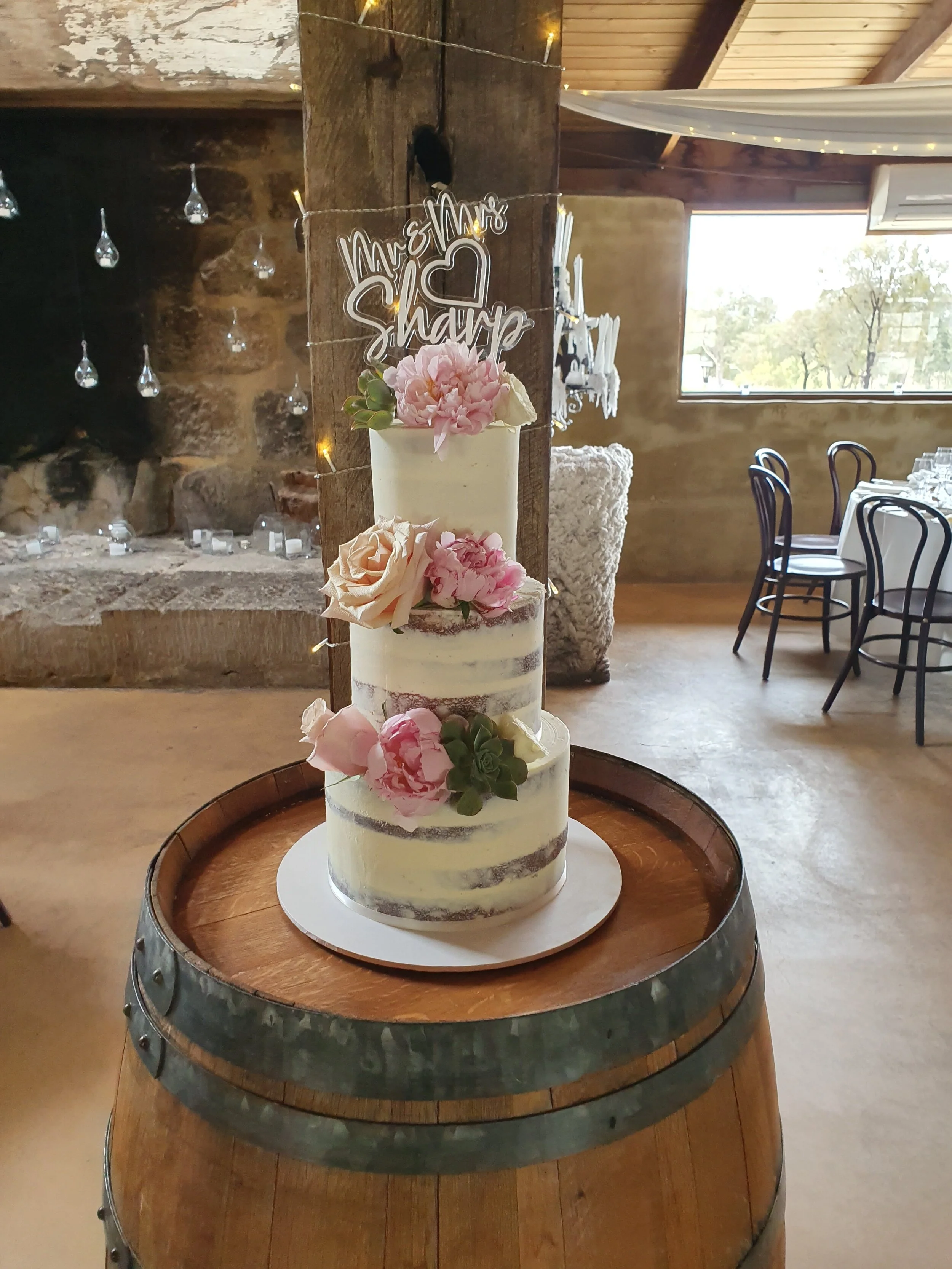 Hunter Valley 3 tier extended height semi naked wedding cake