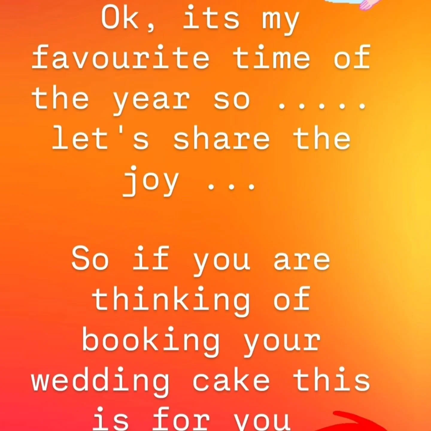Omg is Santa here early! 

Yup thats right ... my early Christmas gift to you - what a discount on all new 2 tier and larger wedding cakes booked this month only 

Get those enquiries in ... you dont want to miss this