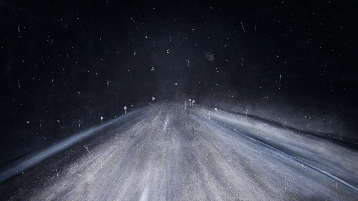 Lizete Upīte's art for Ceļā / Perfect Night. Animation of a snowy road at night.