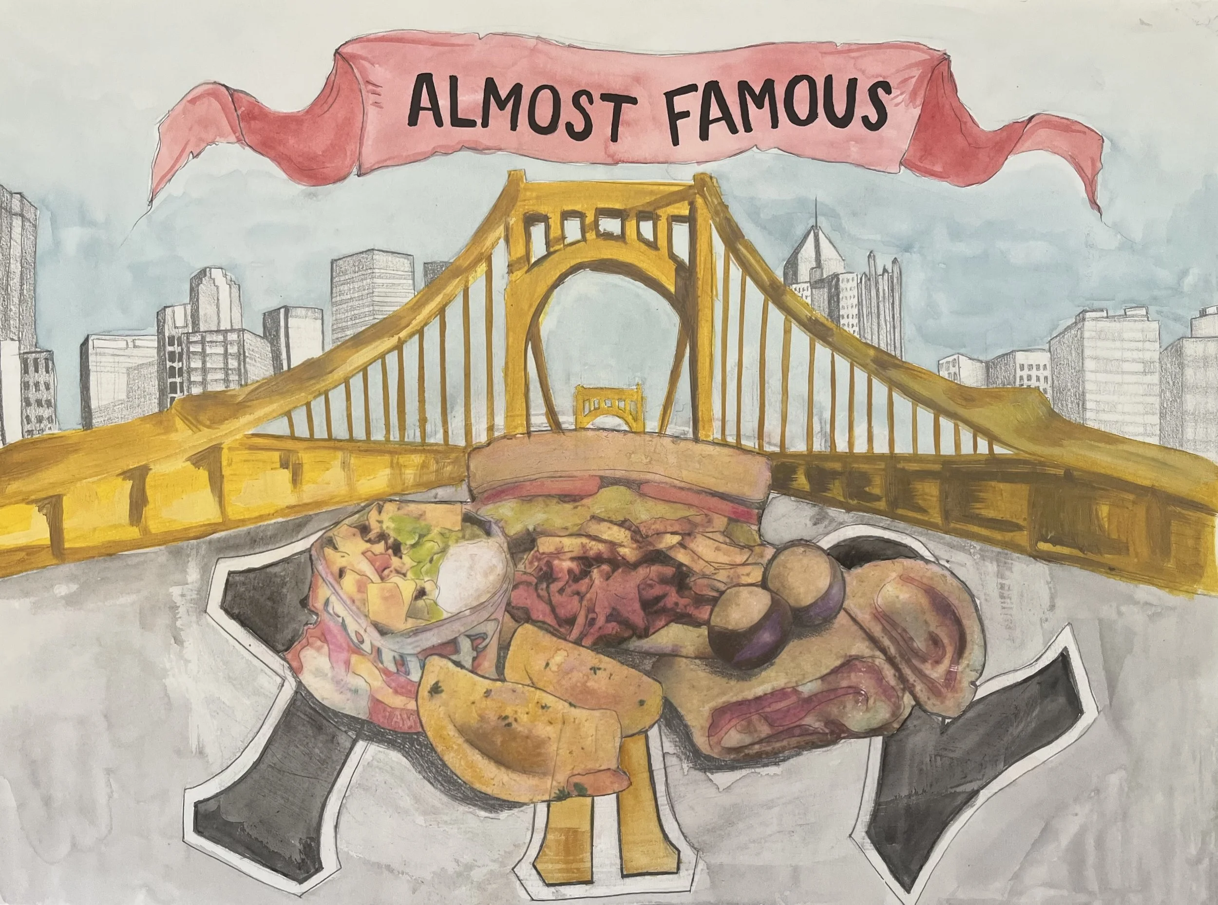 "Almost Famous", Image transfer and watercolor on paper, 14" x 11"
