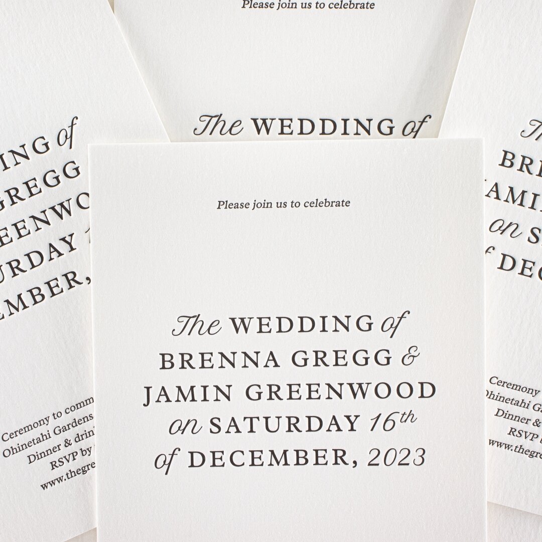Timeless elegance.  Crisp black ink on soft, natural cardstock.  Letterpress wedding invitations, crafted with care in our Nelson studio.

#TheArmarieRoom #LetterpressElegance #CraftedWithCare #NelsonStudio #LetterpressLove #TimelessElegance #Wedding
