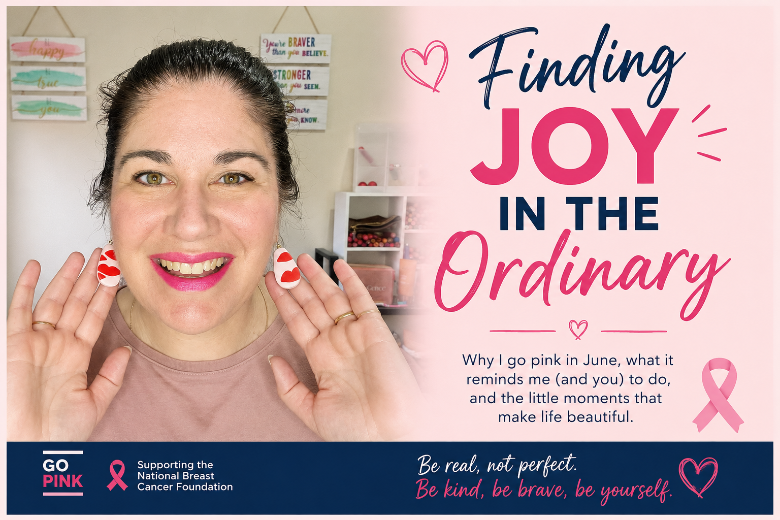 Brooke Fraser wearing pink heart earrings during her Go Pink campaign, encouraging breast awareness and finding joy in everyday moments.