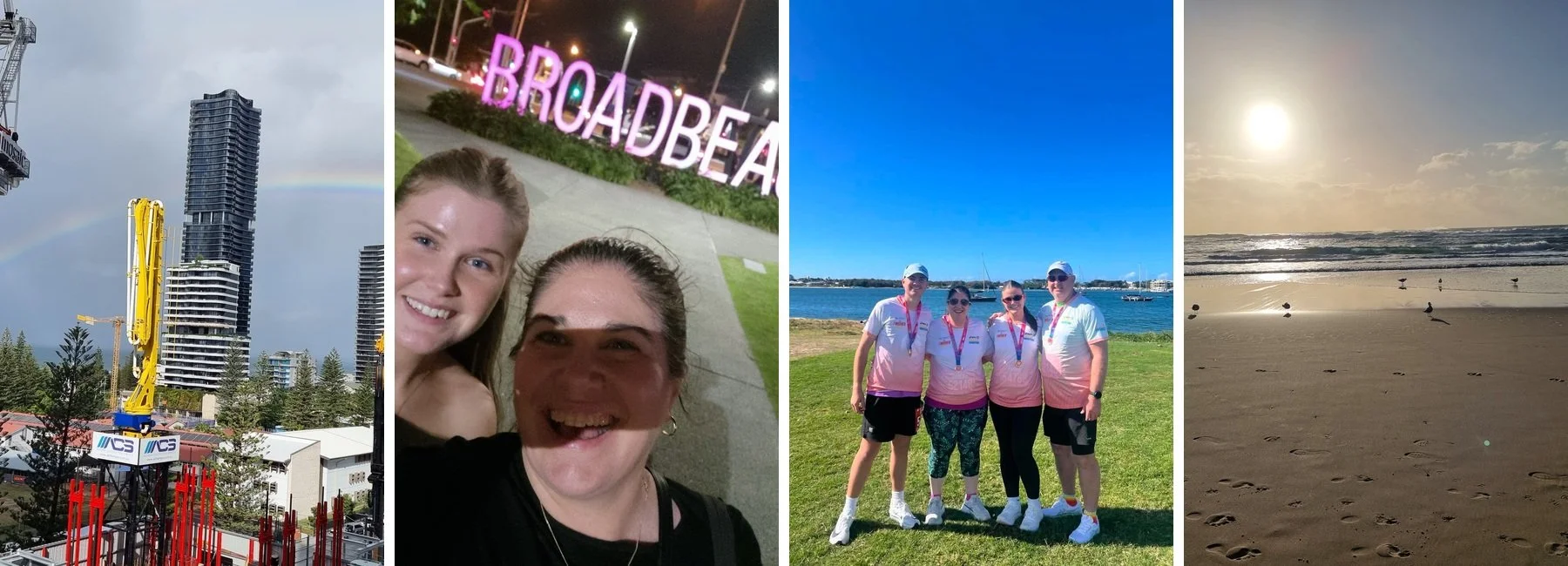 A collage of Gold Coast memories including a rainbow behind construction cranes, an imperfect family selfie, a family marathon photo and a sunrise over the beach.