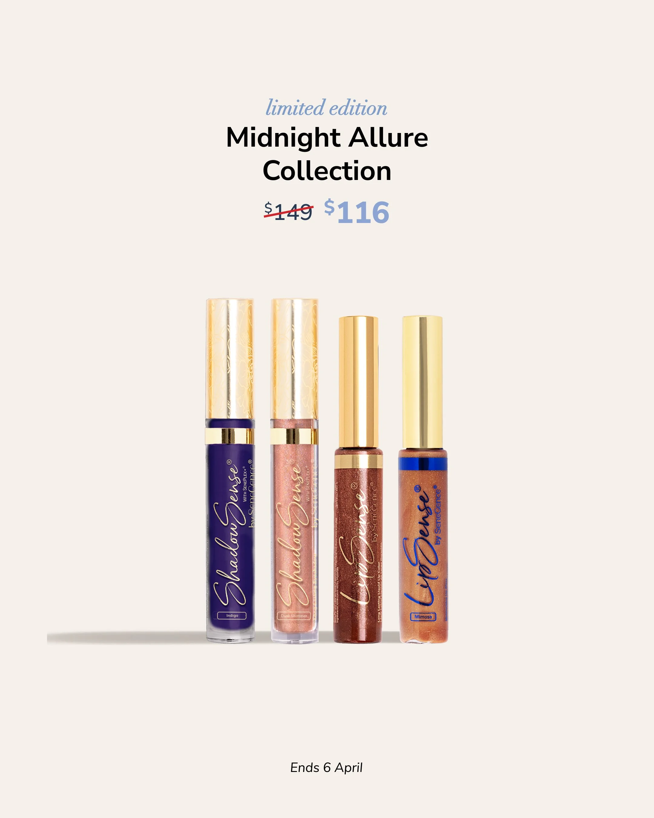 Four lip gloss tubes from the Midnight Allure Collection, with a discount price of $116, decreased from $149, and the offer ends on April 6.