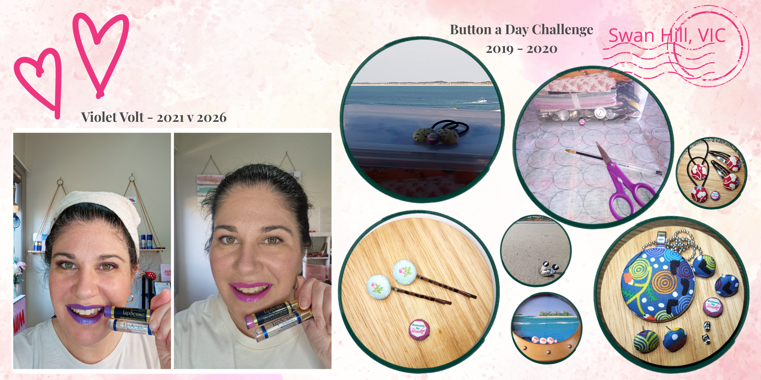 Violet Volt LipSense in 2021 and 2026 alongside photos from Brooke’s 2019–2020 Button a Day Challenge.