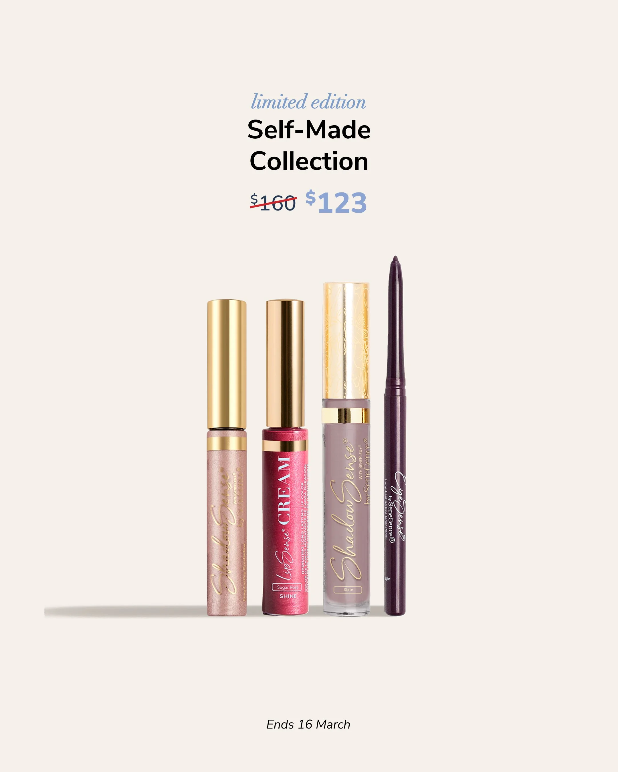 A promotional image for a limited edition self-made makeup collection with four lip products in gold, rose, and purple packaging, and a purple eyeliner pencil, with a price reduced from $160 to $123, ending on March 16.