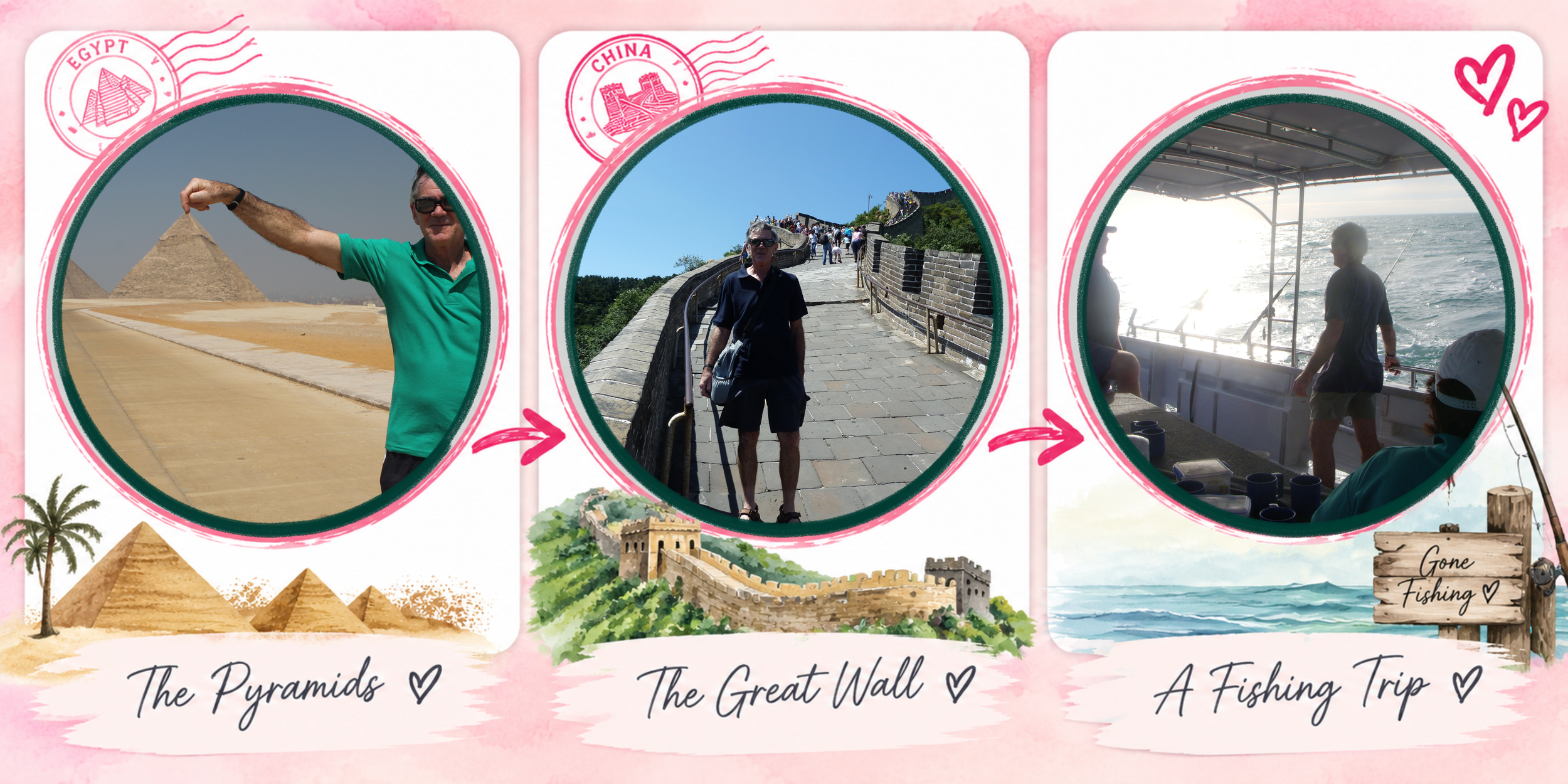 Brooke's dad travelling at the Pyramids and Great Wall of China, and enjoying a fishing trip.