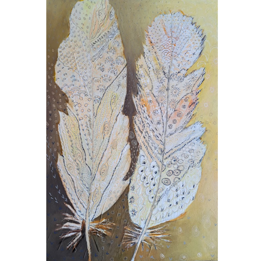Painting of two large, intricately patterned feathers with various swirling designs and spots, set against a muted background with light yellow and brown tones.