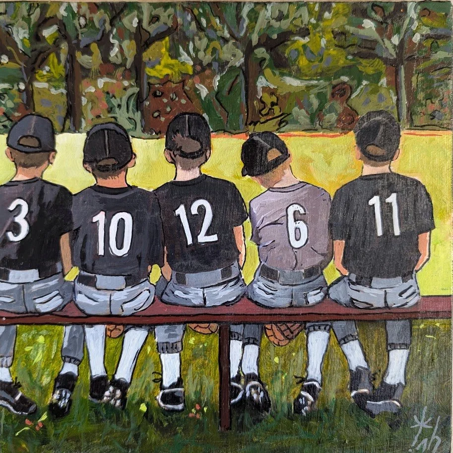 ON THE BENCH 8x8, acrylic paint and acrylic pen.
I almost never use a reference picture, but I did for all the boys in their baseball uniforms waiting to get on the field. 
1. I drew the sitting boys in pencil. 
2. I outlined all the lines with an ac