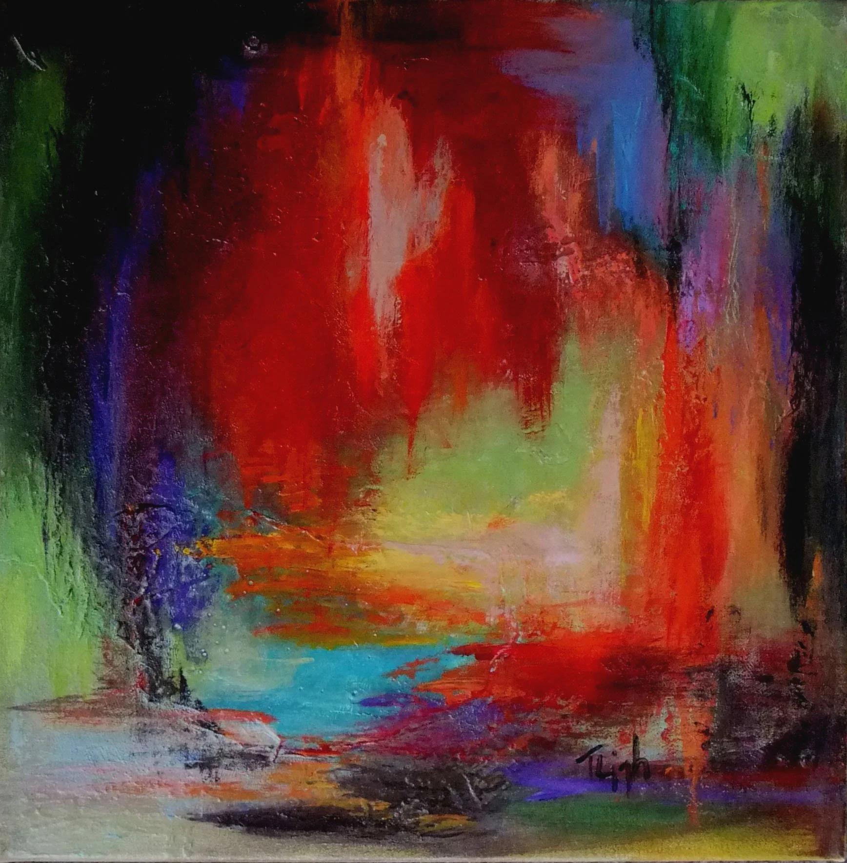 An abstract painting with vibrant streaks of red, green, blue, purple, yellow, and black colors blending together.