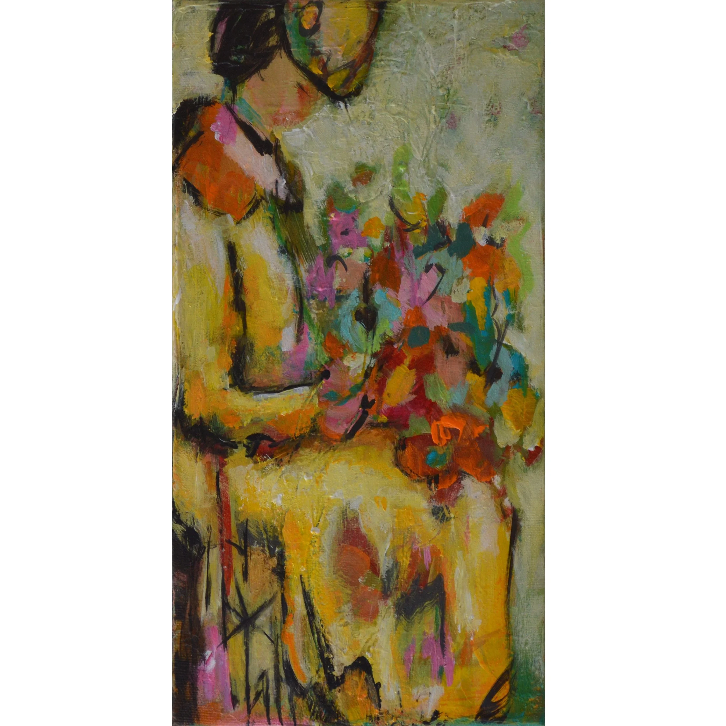 An abstract painting of a woman seated, holding colorful flowers, with loose brushstrokes and vibrant colors including yellow, orange, pink, green, and black.