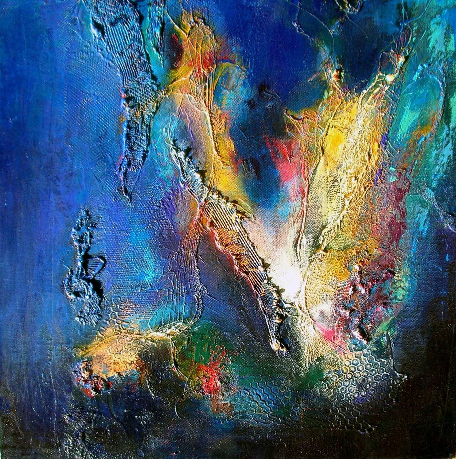 Abstract painting with vibrant colors including blue, yellow, red, and green, featuring textured patterns and swirling shapes.