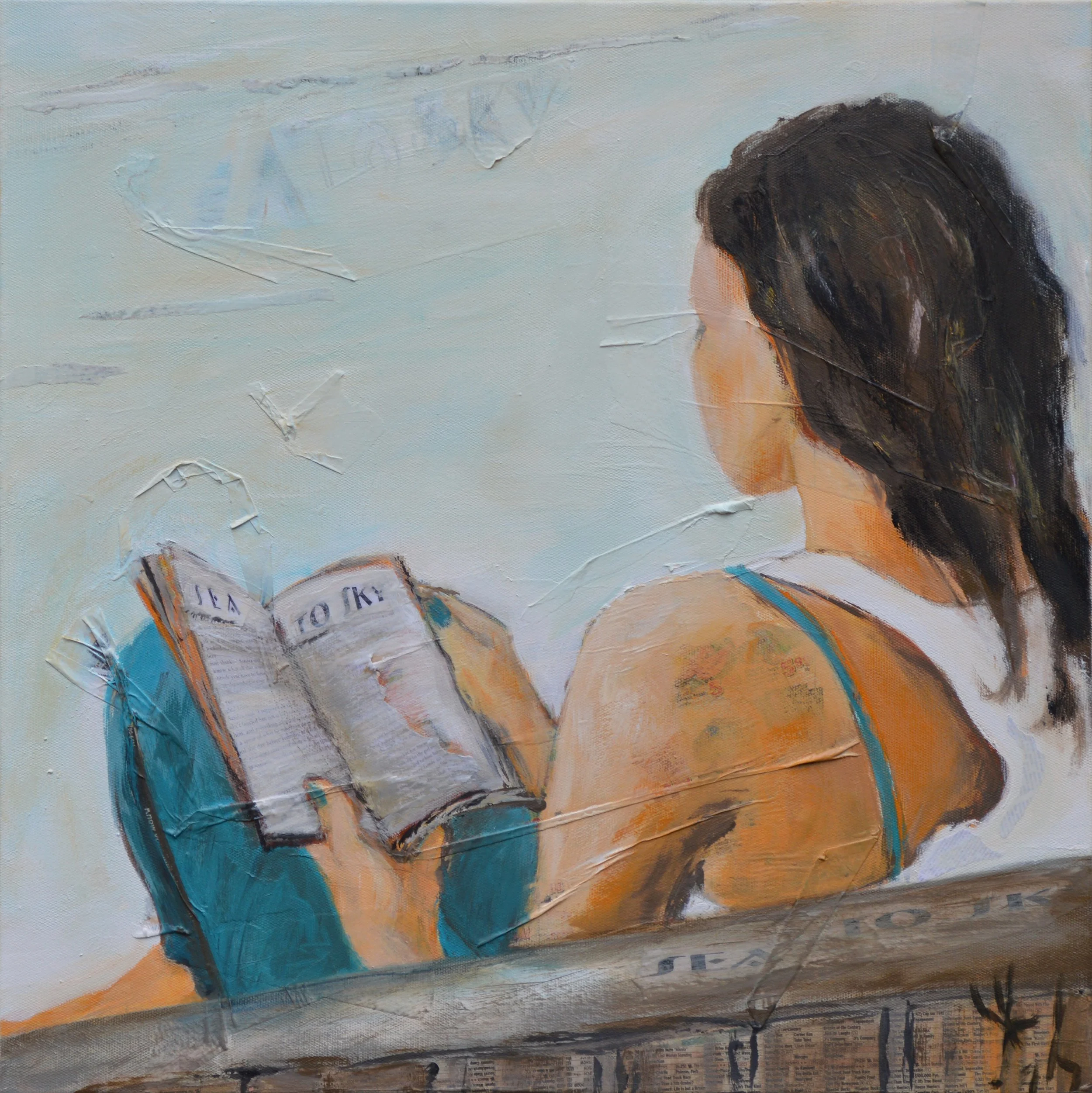A painting of a woman with dark hair sitting at a table, reading a book, with her back facing the viewer. The background is light and abstract with hints of text and birds.