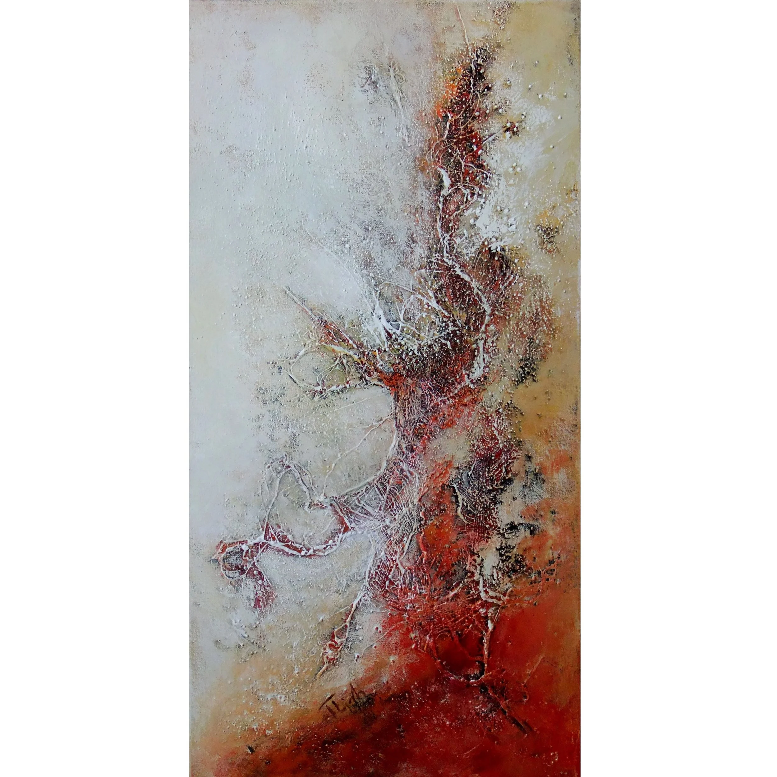 Abstract painting featuring white, red, black, and beige colors with textured patterns and organic shapes.
