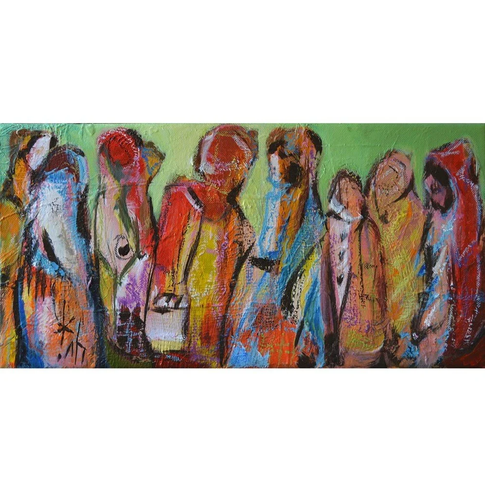 Colorful abstract painting of a group of women standing together, some holding bags, against a bright green background.