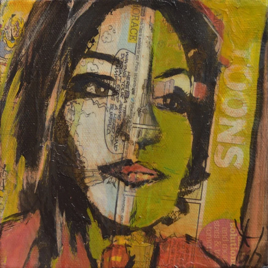 Mixed media artwork of a woman’s face with dark hair, with collage elements and text overlays, prominent in colors of black, green, yellow, and pink.