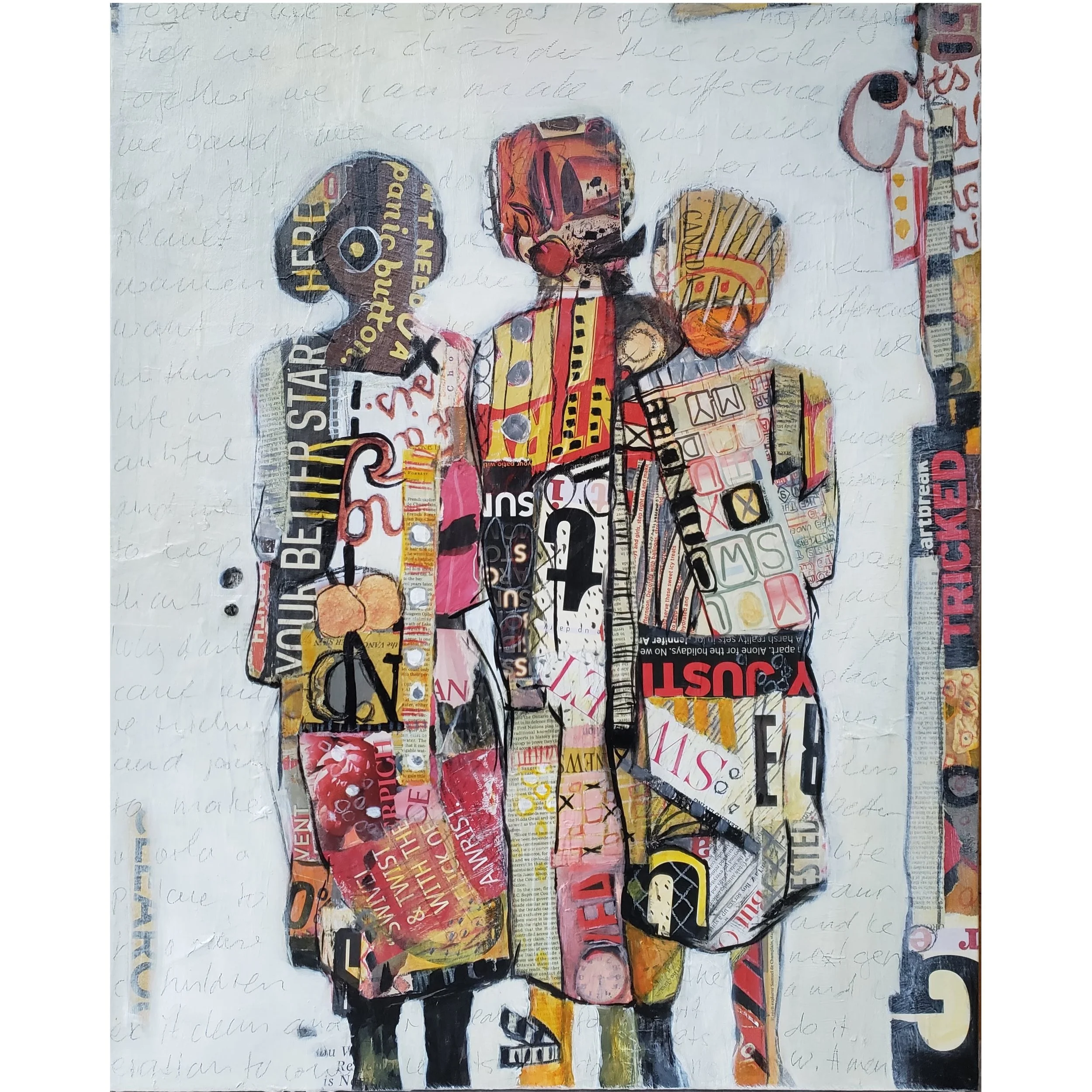 Mixed media collage of three abstract human figures made from various magazine clippings and handwritten background.