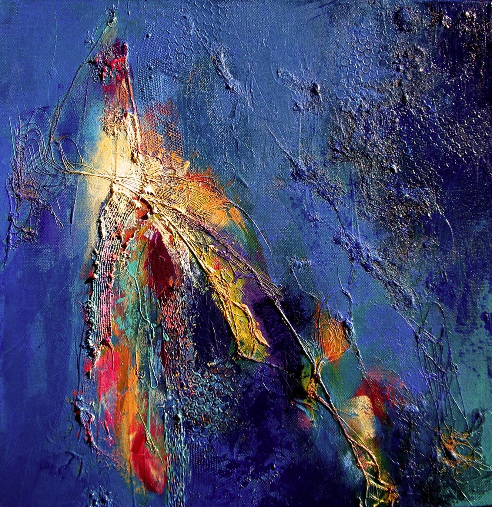 Abstract painting with textured, colorful splashes of yellow, red, and green on a blue background.