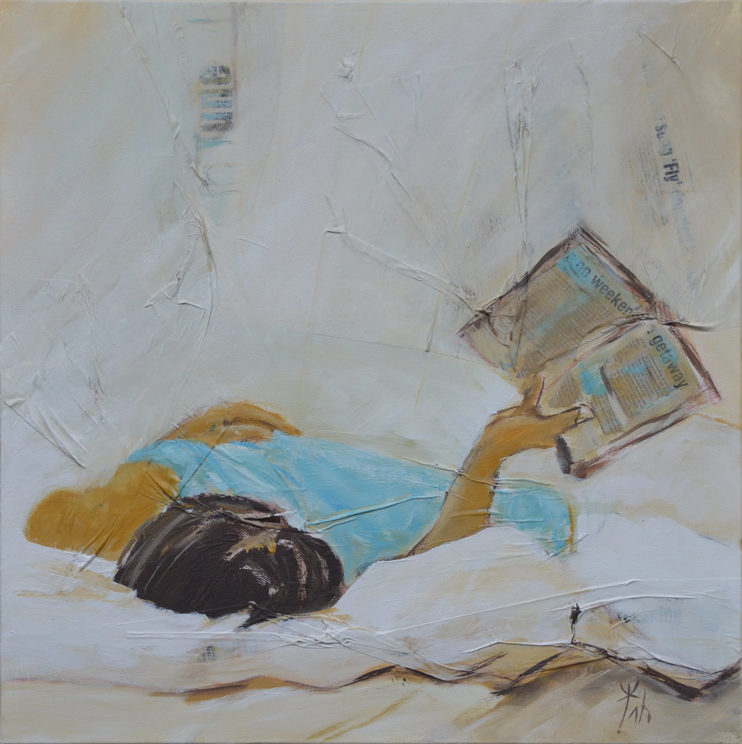 Painting of a person lying down reading a newspaper.