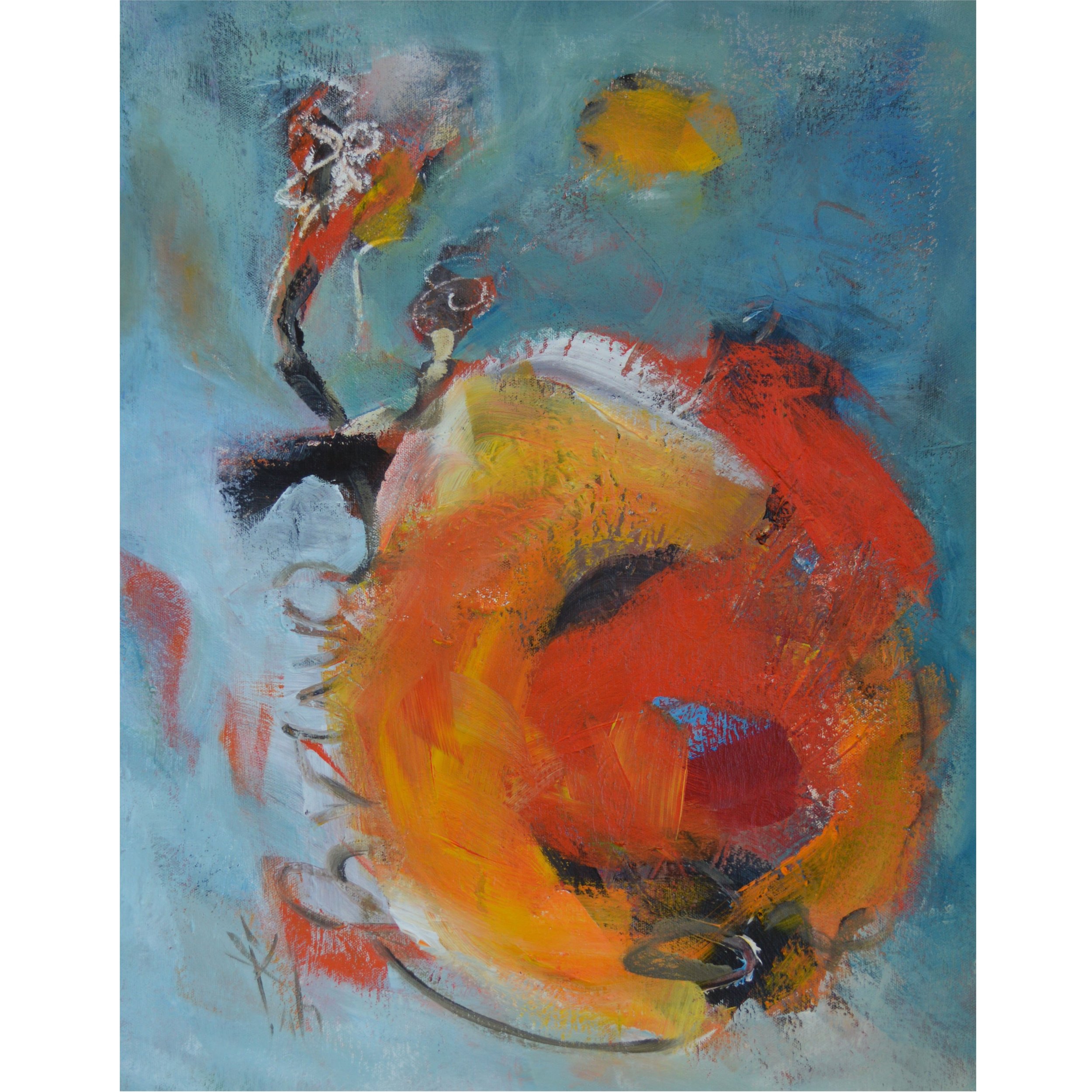 Abstract painting with a large orange and yellow shape resembling a fruit, against a blue background, with splashes of red, black, and white, and marks that suggest a face or figure.