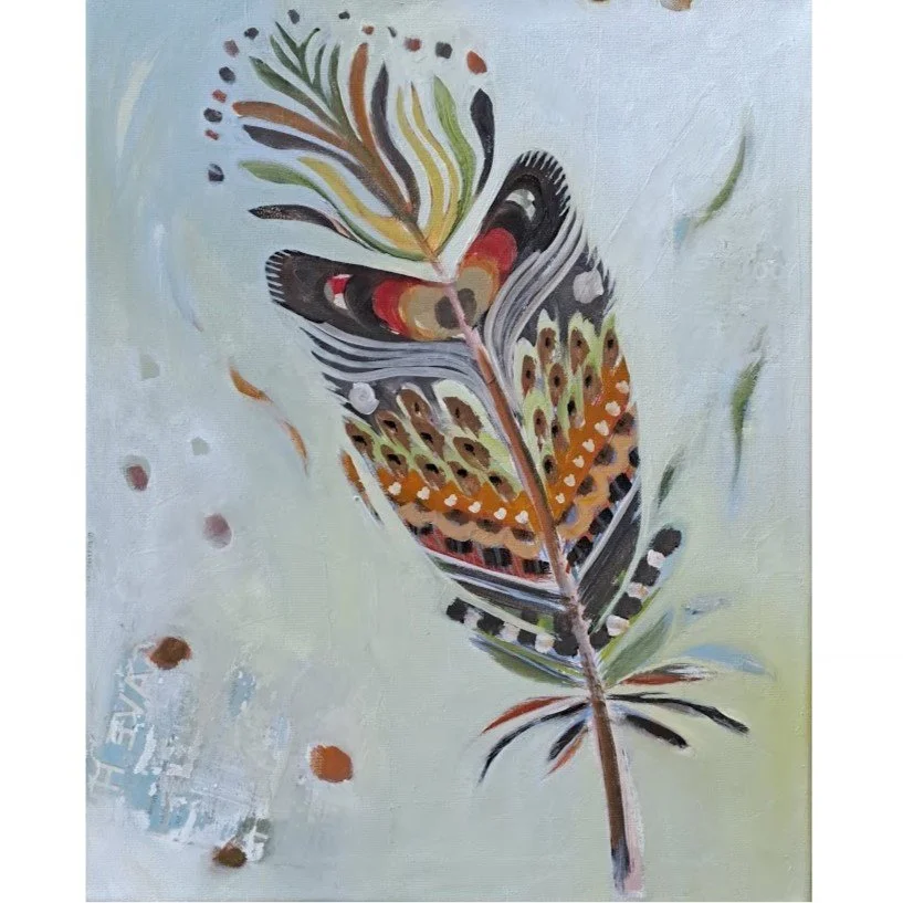An abstract painting of a feather with colorful patterns, mostly in black, orange, green, and white, set against a light pastel background.