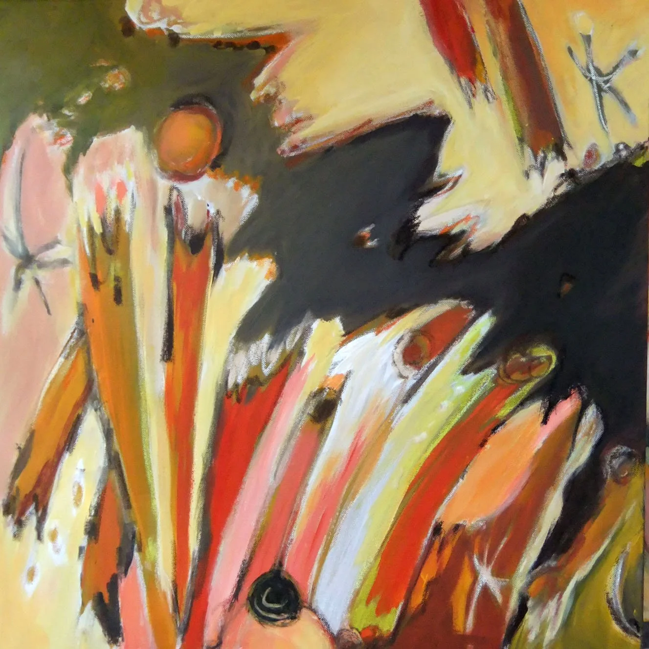 Abstract painting with bold black, orange, yellow, and red strokes and accents.