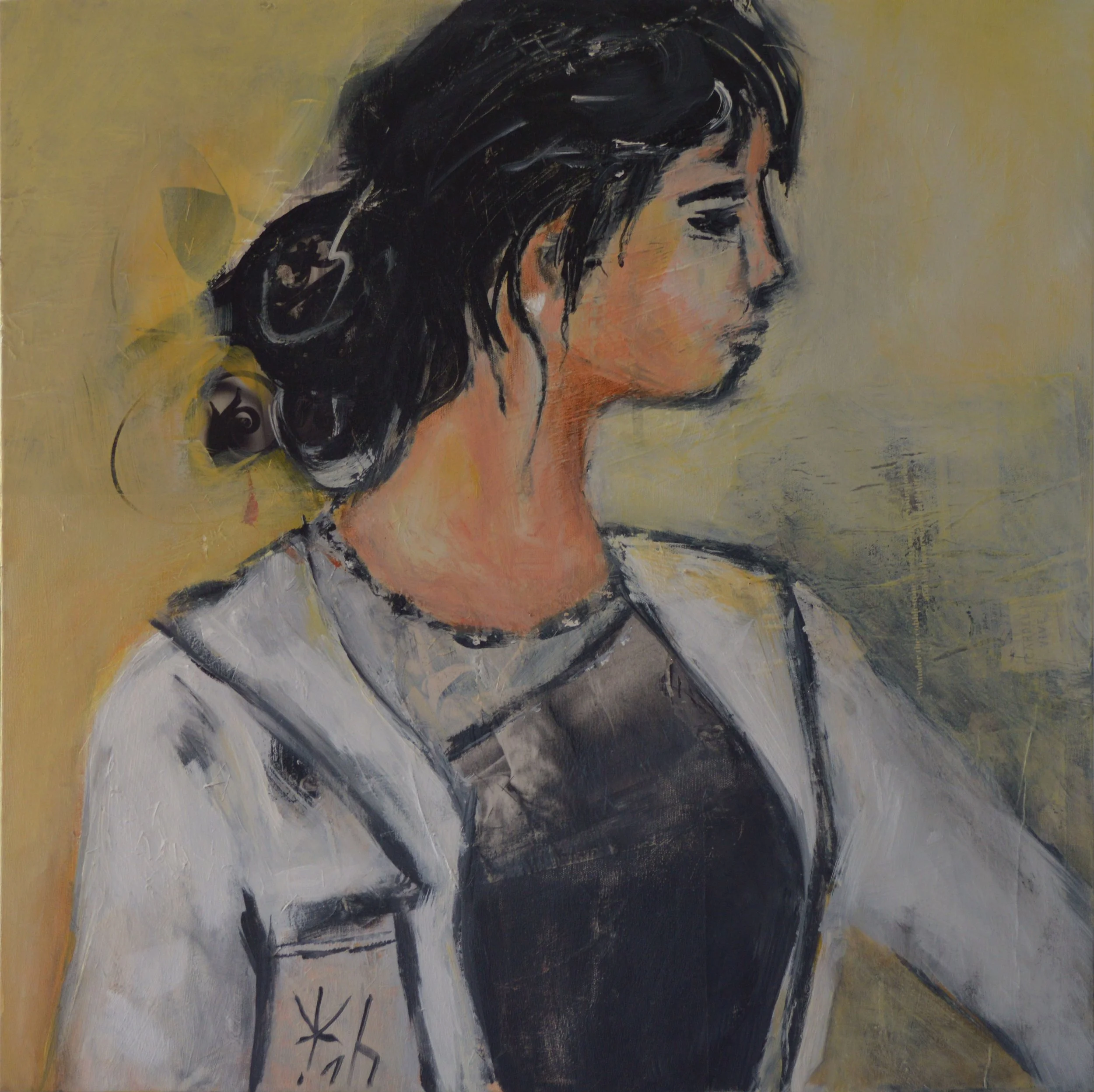 Painting of a woman with short dark hair, wearing a white and black jacket, in profile view, against a yellow background.