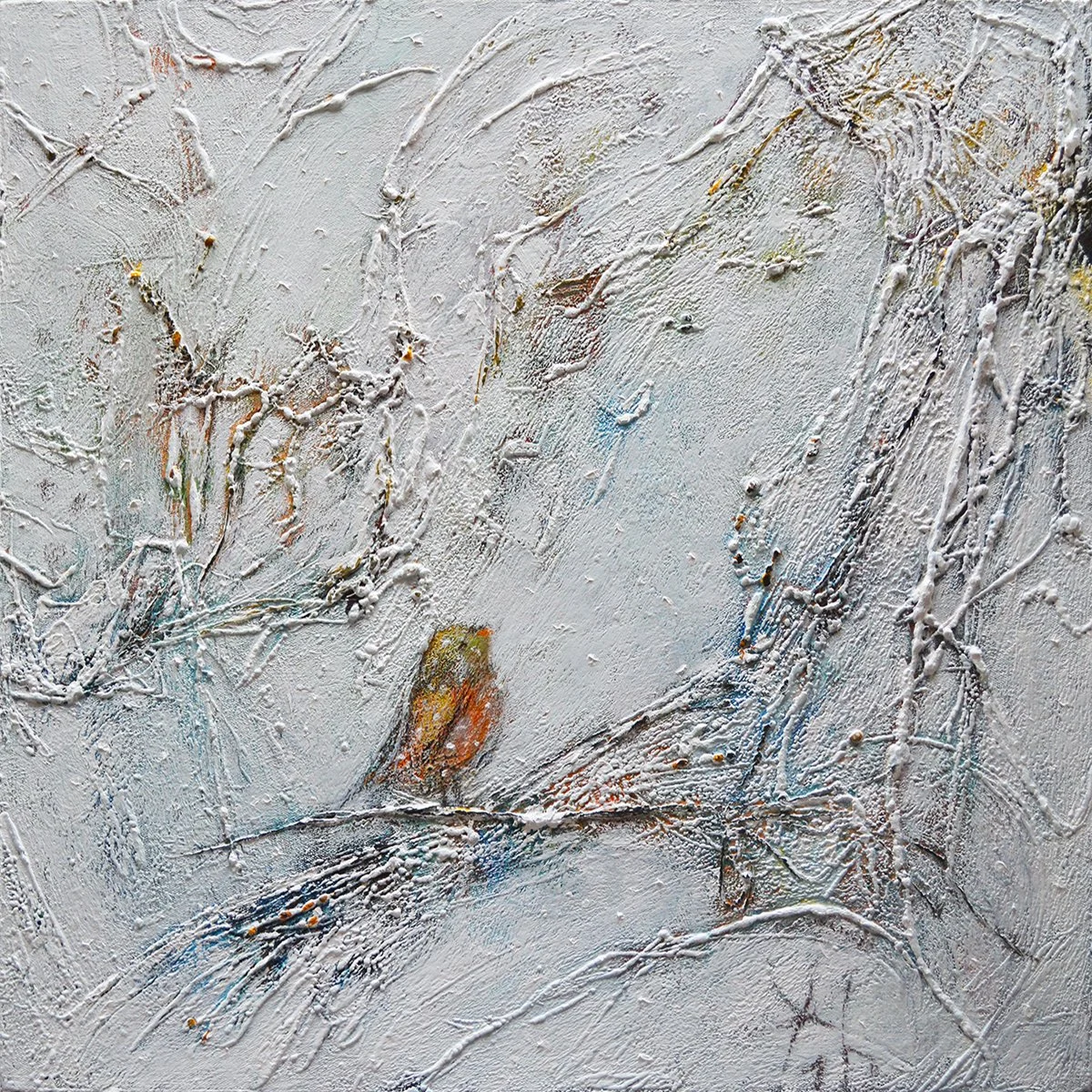 Abstract textured painting with white, gray, blue, orange, and yellow colors, featuring thick brushstrokes and layered paint.