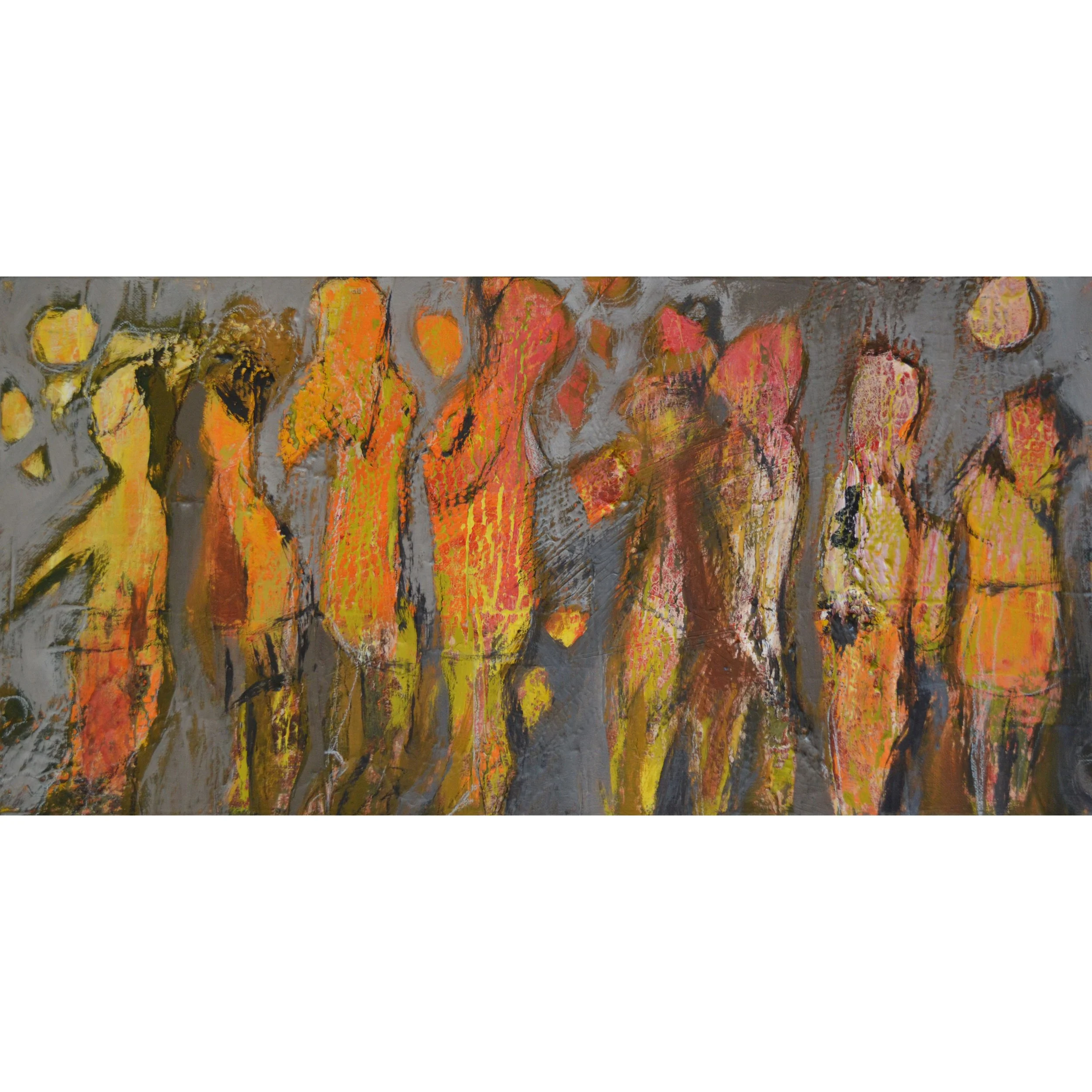 Abstract painting of human figures in warm colors with drips and textured brushstrokes.