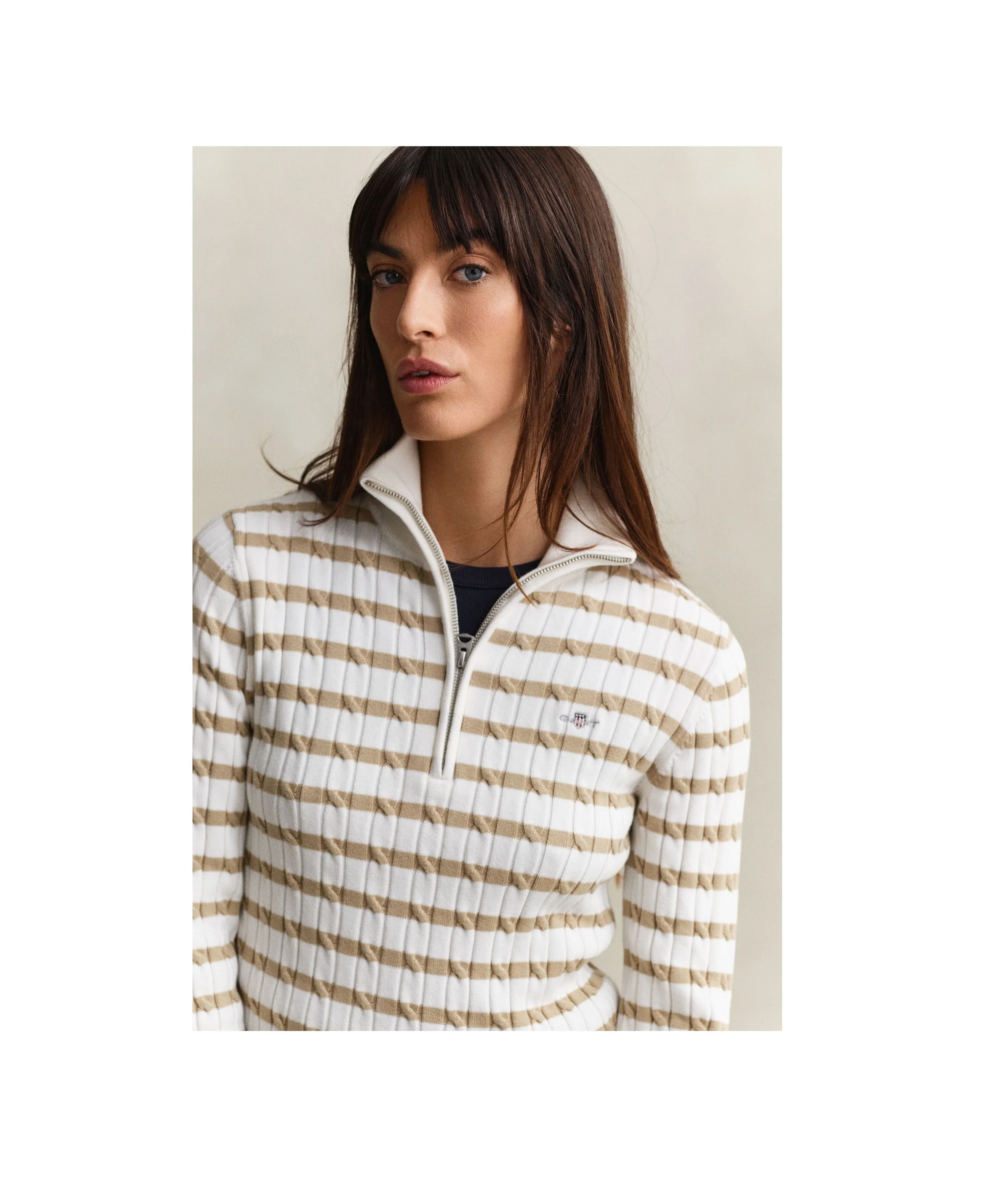 Gant Stretch Cable Knit Half-Zip Sweater                         Striped Oat Beige