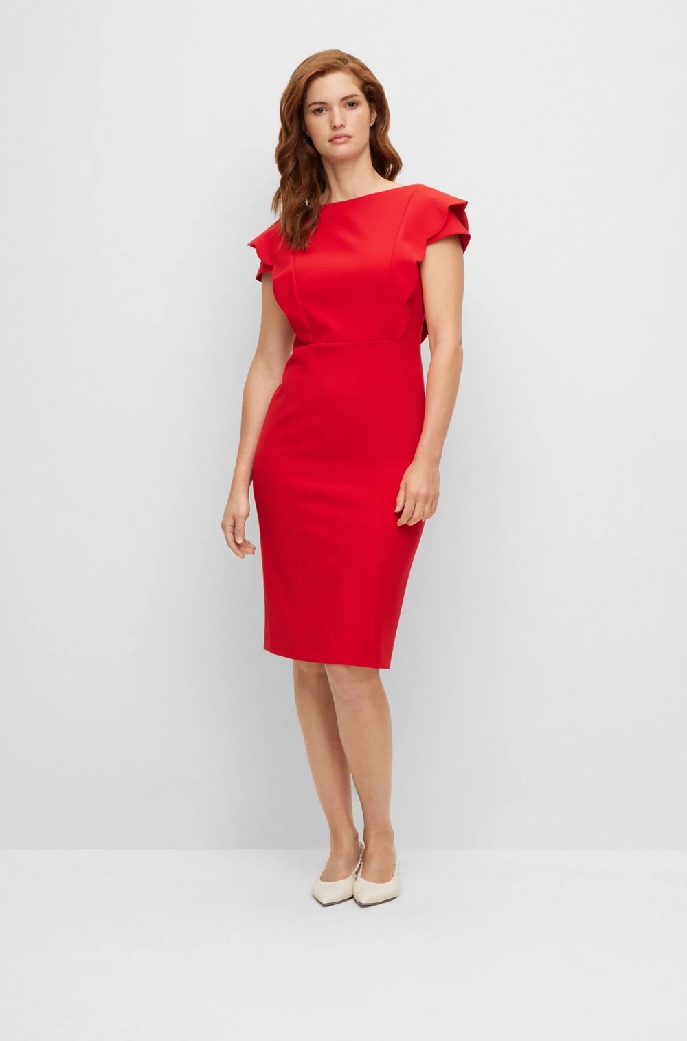 HUGO BOSS SLIM-FIT DRESS IN STRETCH COTTON WITH SCALLOPED SLEEVES in RED —  Fellini Tasmania | Fashion for man & woman