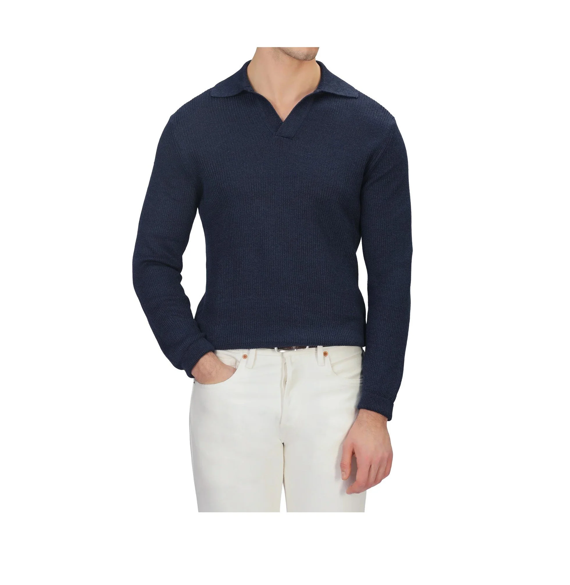 Gran Sasso Cotton Linen LS Polo Shirt                               Navy