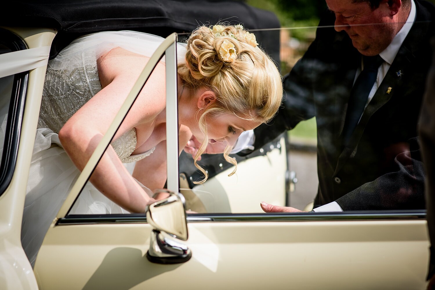 Bride arriving at De Courceys Manor wedding