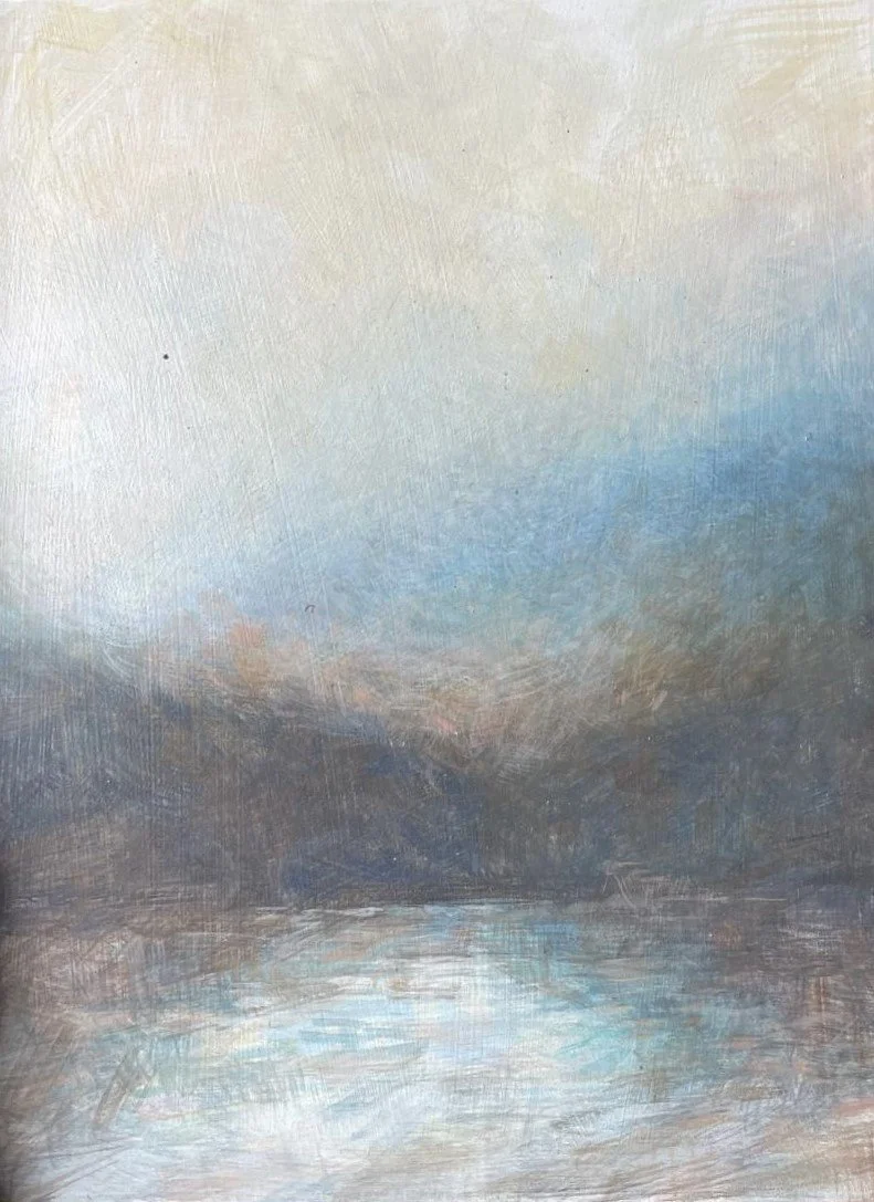 Crossing the Reservoir, Watercolour and gesso on aluminium, 23 x 18 cm